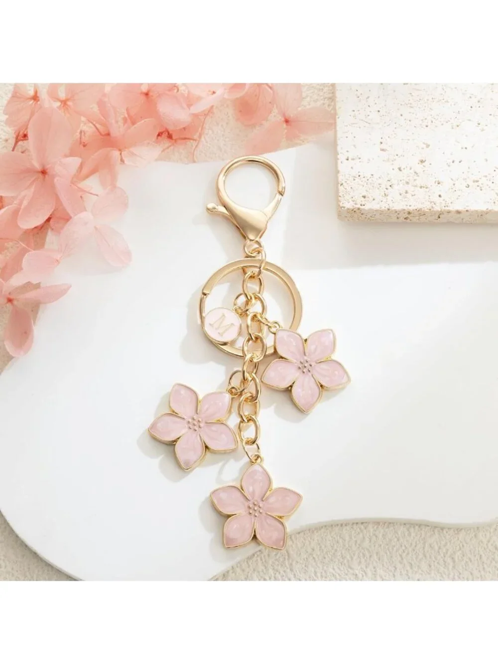 Cute Flower Initial Keychain for Women | Enameled Bag Charm | Pink/Black/White